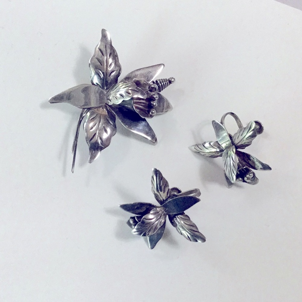 Vintage 925 “Orchid” Brooch and Earrings, Taxco, Mexico